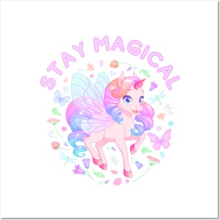 Stay Magical beautifu8l Unicorn With Flowers and stars Posters and Art